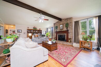 Living area featuring light wood-type flooring, a fireplace, and a ceiling fan
