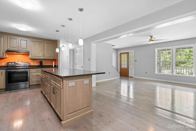 Open kitchen, dining and living