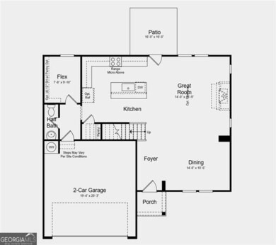 First Floor Plan - Additional highlights include: additional shelving in the main floor flex room, an unfinished basement, extended hard surface flooring on the main floor, and a tub with a separate shower in the primary bathroom
