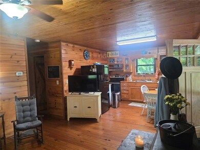 Living area featuring light wood finished floors, a ceiling fan, wood walls, and wood ceiling