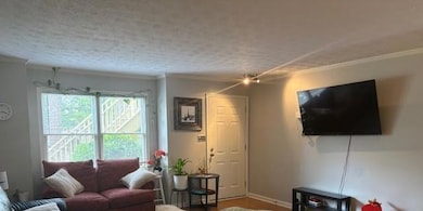 Living area featuring crown molding, a textured ce