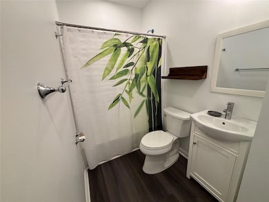 Full bath featuring vanity and wood finished floors