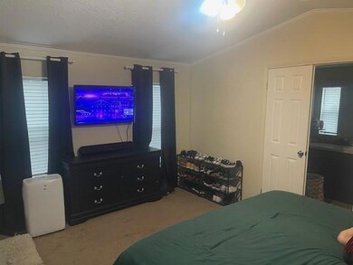 Carpeted bedroom featuring lofted ceiling, a textu