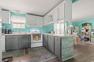 Kitchen with dark wood-type flooring, gray cabinet