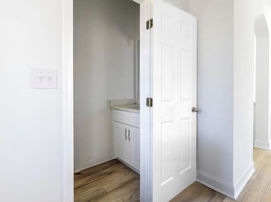Bathroom with hardwood / wood-style flooring and v