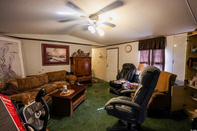 Living room with lofted ceiling, ceiling fan, carpet floors, and a textured ceiling