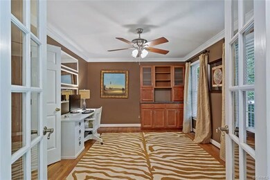 Office with French Doors, built-in bookcases and c