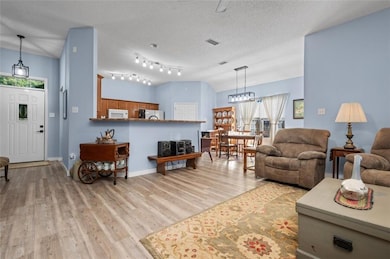 Living area featuring a textured ceiling and light wood-style flooring