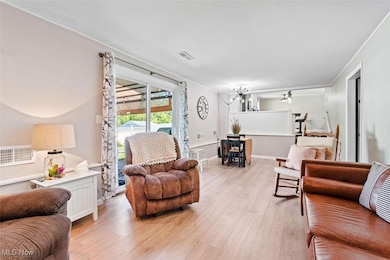 Living area with a chandelier and light wood-style floors