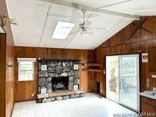 Stone gas fireplace.