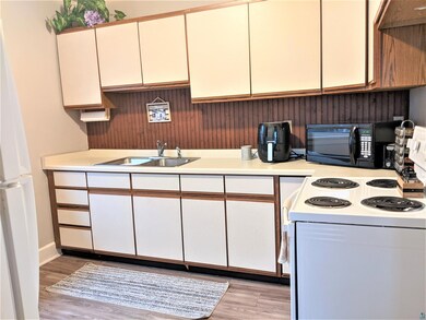 Kitchen featuring sink, electric range, and light 