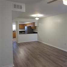 Living area view into kitchen