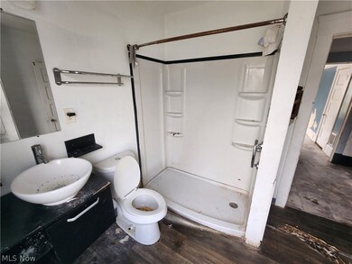 Bathroom with a shower, vanity, hardwood / wood-style flooring, and toilet