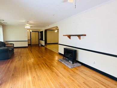 Unfurnished living room with ceiling fan, ornament