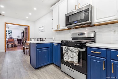 Kitchen featuring blue cabinets, stainless steel appliances, white cabinetry, and tasteful backsplash
