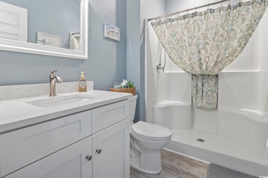 Bathroom featuring a shower with shower curtain, vanity, and wood finished floors