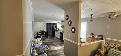 Kitchen with lofted ceiling, dark wood-type floori