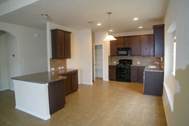 Kitchen, viewed from family room.  Note large peninsula for larger gatherings or the kids' after school snacks.