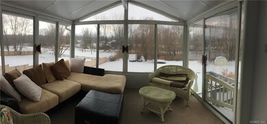 Sunroom overlooking deck, pool and expansive backy