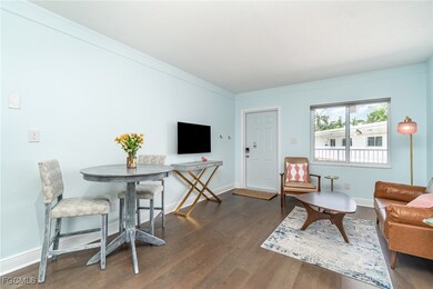 Living area with LVP flooring, midcentury modern f
