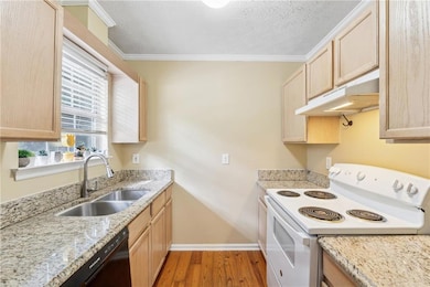Kitchen with electric stove, light brown cabinetry, under cabinet range hood, light wood-style flooring, and dishwasher