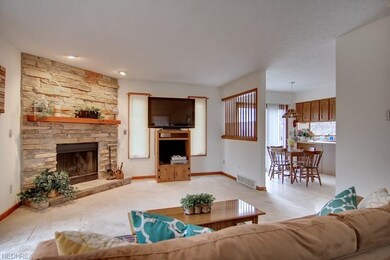 Family room with wood burning fireplace.