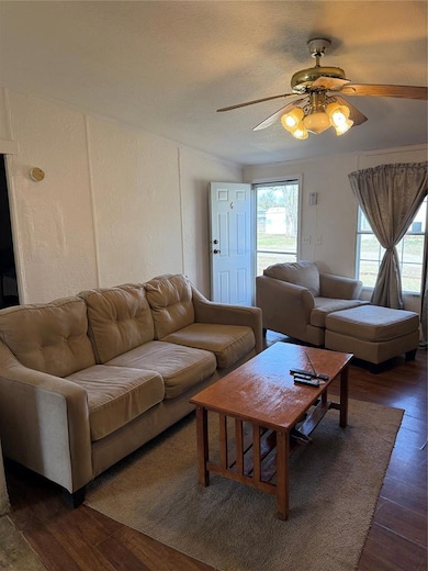 Living room featuring dark wood-type flooring and a ceiling fan