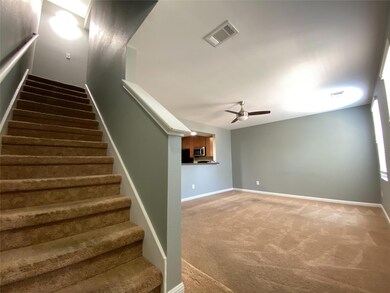 Stairway with carpet flooring and a ceiling fan