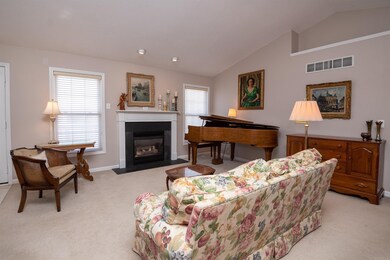 Roomy living room with vaulted ceiling, gas log fi