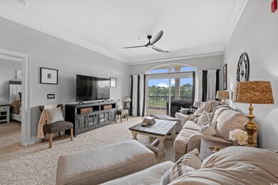 Carpeted living area featuring ceiling fan and crown molding