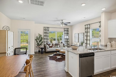 Kitchen with stainless steel dishwasher, healthy amount of natural light, white cabinets, dark wood-style floors, and recessed lighting