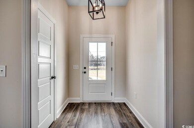 Doorway to outside with dark hardwood / wood-style