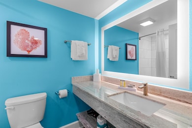 Bathroom featuring curtained shower, vanity, and t