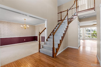Stairway with wallpapered walls, hardwood / wood-style floors, a chandelier, wainscoting, and a high ceiling