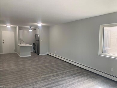 Basement featuring a baseboard radiator, light har