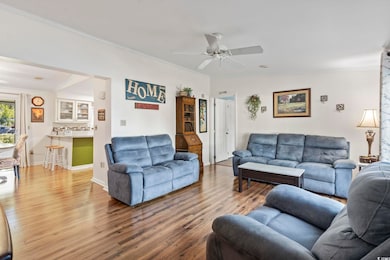 Living area featuring crown molding, wood finished floors, and a ceiling fan
