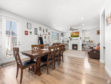 Dining room featuring a wealth of natural light, light wood-type flooring, and ceiling fan