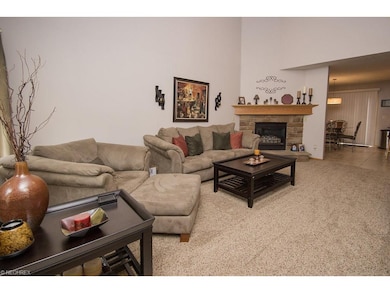 The charming stone fireplace lends a cozy feel to 