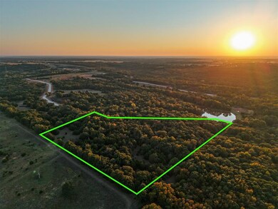 Aerial view at dusk of property parcel outlined and a wooded view