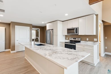 Kitchen featuring a center island with sink, light wood-type flooring, appliances with stainless steel finishes, and sink