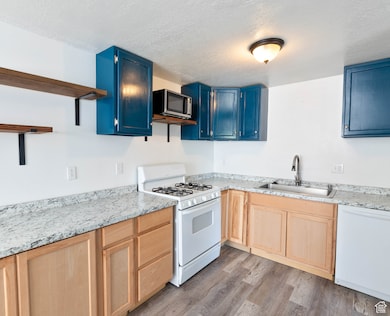 Kitchen with white appliances, a sink, open shelves, blue cabinetry, and wood finished floors