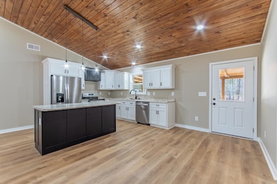 Kitchen with vaulted ceiling, a sink, appliances w