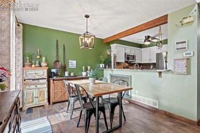 Dining room with beam ceiling, a textured ceiling,