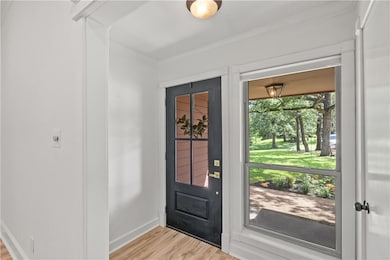 Foyer featuring ornamental molding and light wood-