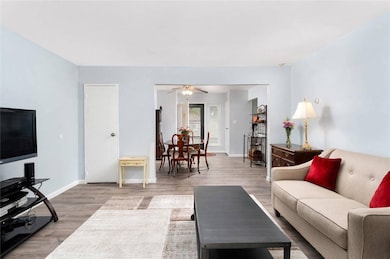 Living area with wood finished floors, a ceiling fan, and baseboards