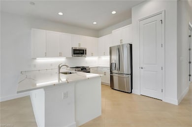 Kitchen featuring kitchen peninsula, white cabinet