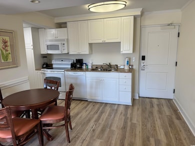 Kitchen with light wood-type flooring, a sink, dar