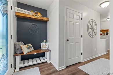 Hall with dark wood-style floors and plenty of natural light
