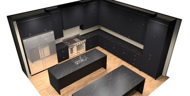 Kitchen with dark cabinets, modern cabinets, and light wood-type flooring