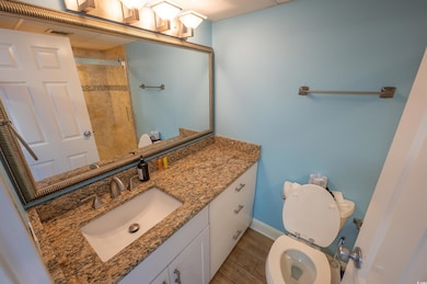 Bathroom with vanity, a tile shower, and light wood-style flooring
